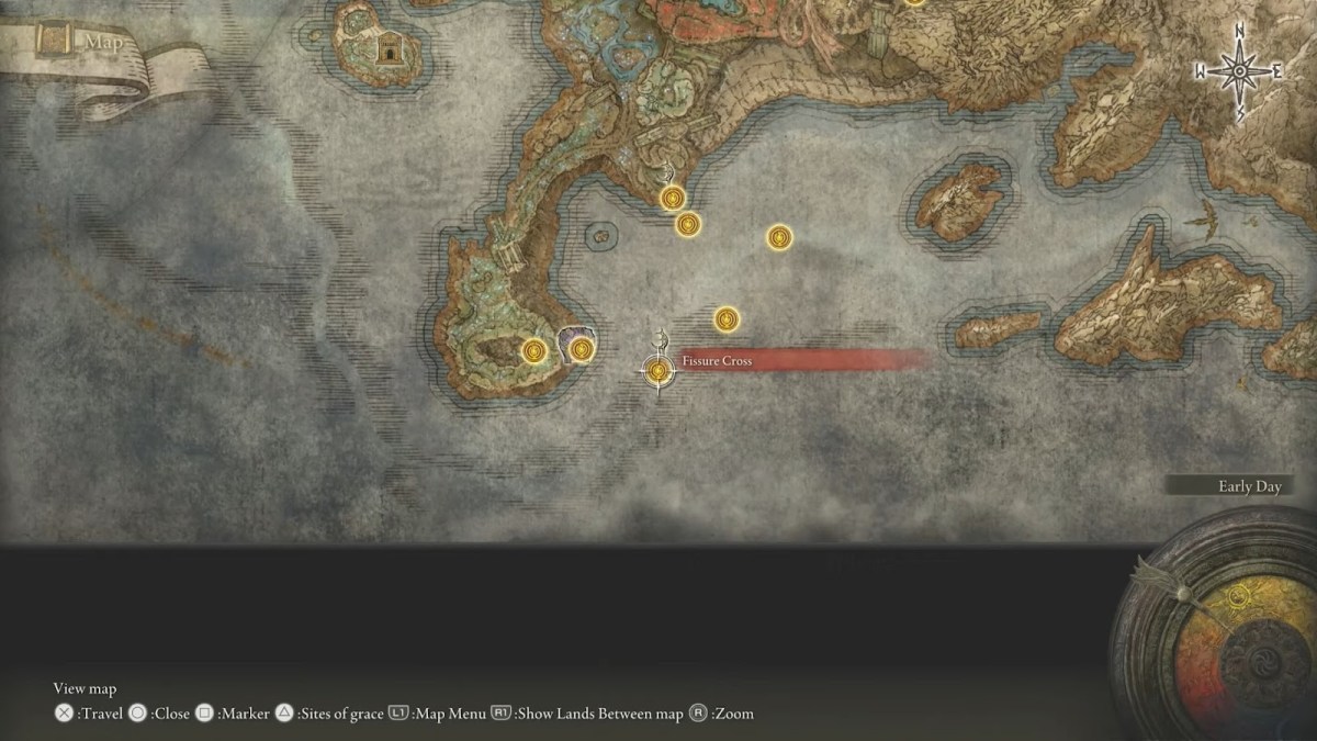 Image of the Elden Ring map, with the cursor hovering over the fissure cross site of grace