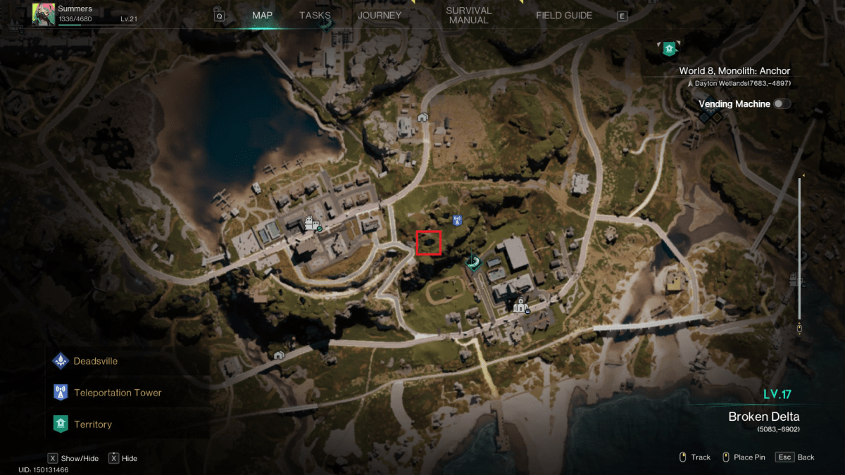 Image of Once Human map with the mushroom cave marked with a red tangle